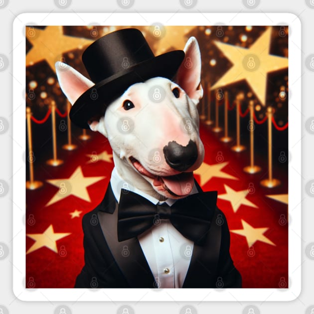 Happy bull terrier wearing tuxedo and hat in front of stars Magnet by nicecorgi